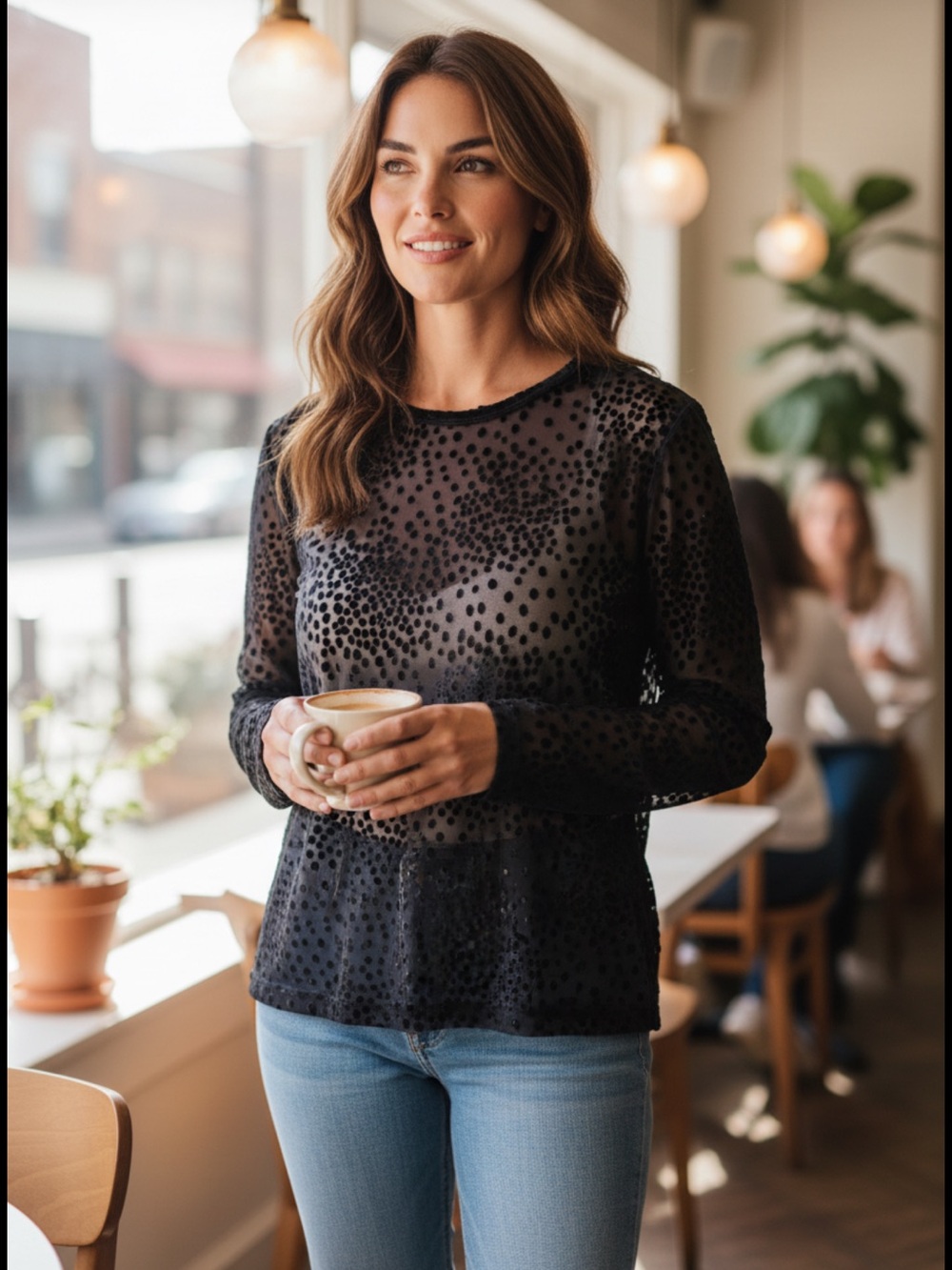 Dana Buchman Black Velvet Trim Long Sleeve Top